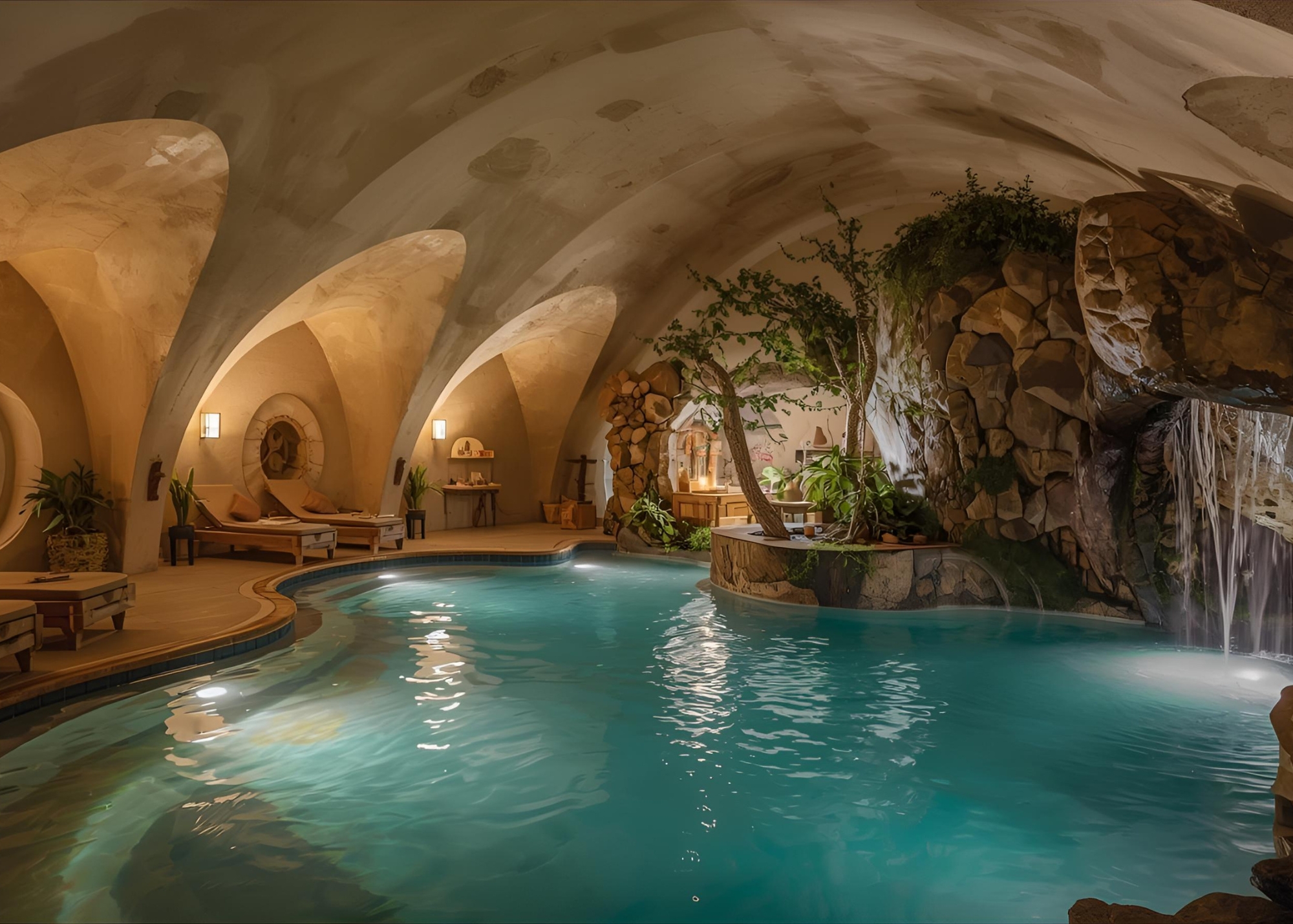 An atmospheric, cave-like indoor swimming pool with natural rock walls.