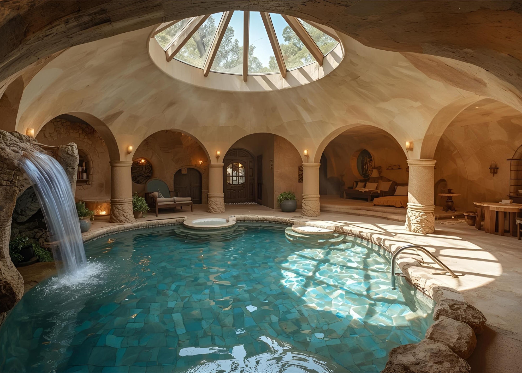 Another view of the serene grotto pool area, highlighting the water and rock details.