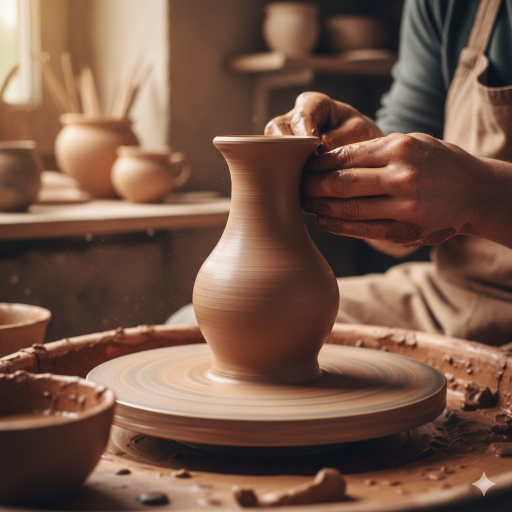 A close-up of a potter's hands shaping clay on a wheel.