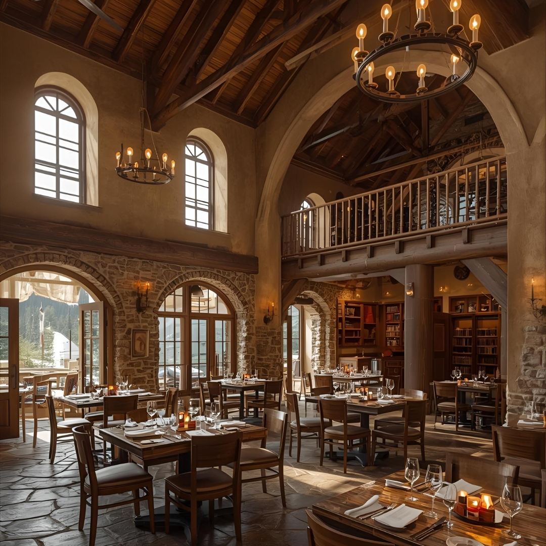 A cozy and rustic tavern dining area with warm lighting and stone accents.
